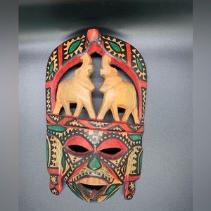 African Wooden Carved Mask with Elephants